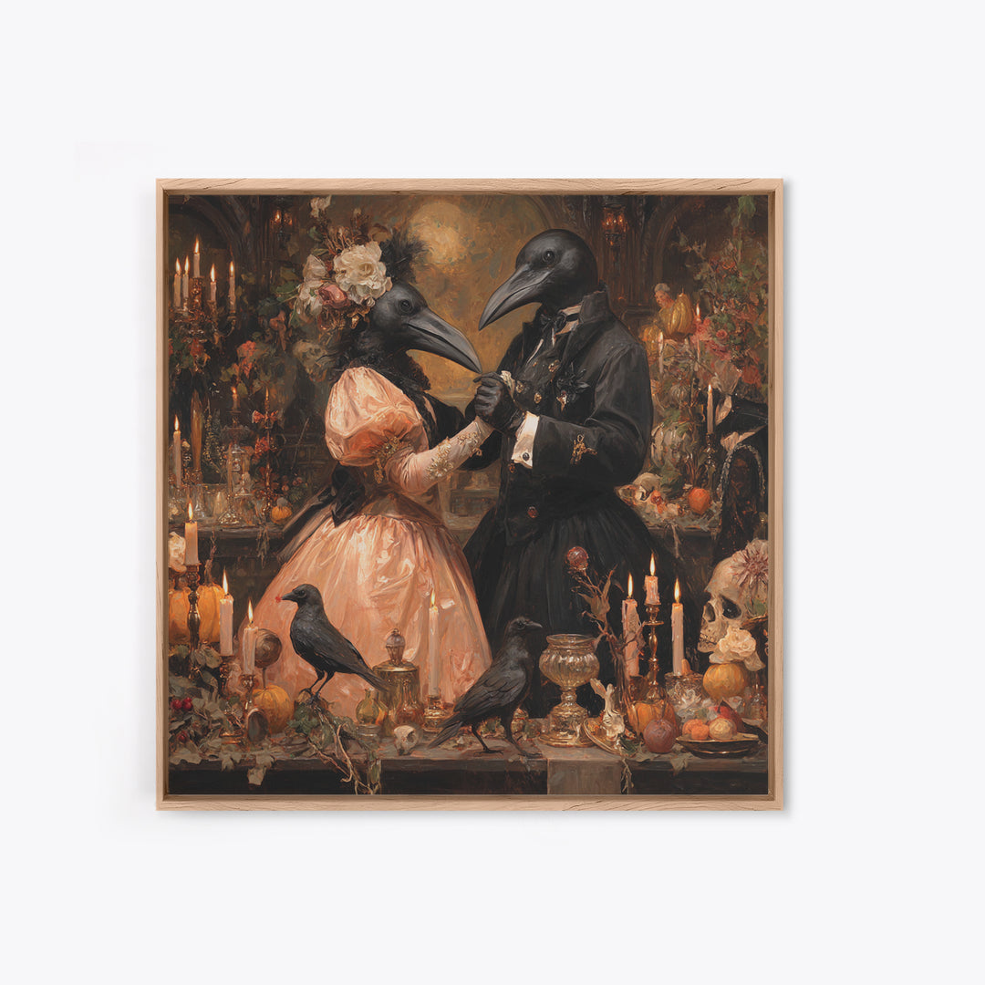 The Raven-Masked Ballroom - Occult Still Life, Spooky Wall Decor, Square Wall Art, Framed Canvas Print, Halloween Home Decor