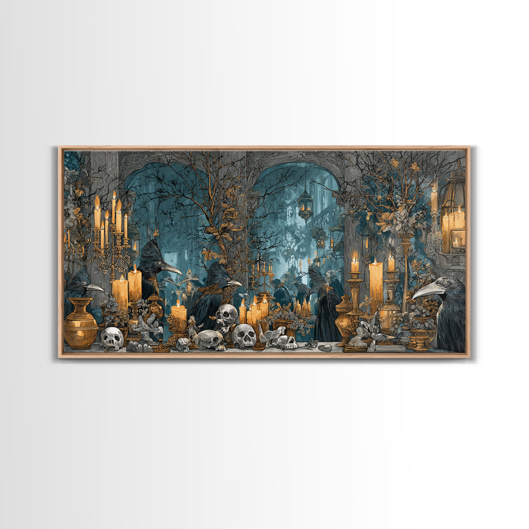 The Raven-Masked Ballroom - Occult Still Life, Halloween Wall Art, Wide Panoramic Art, Framed Canvas Print, Halloween Home Decor