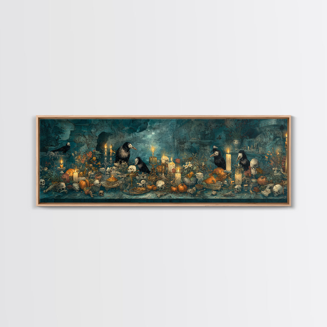 The Raven-Masked Ballroom - Occult Still Life, Halloween Wall Art, Extra Wide Wall Art, Framed Canvas Print, Halloween Home Decor