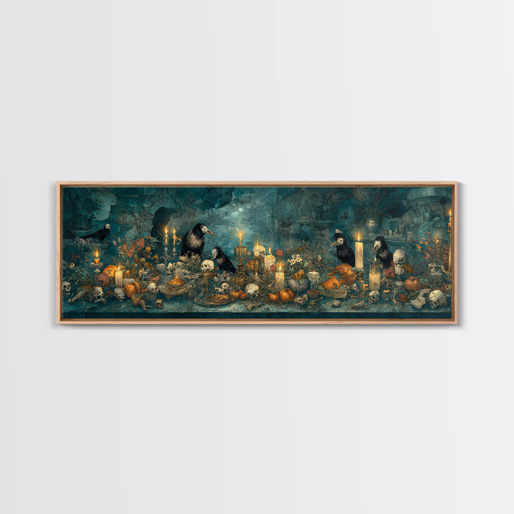 The Raven-Masked Ballroom - Occult Still Life, Halloween Wall Art, Extra Wide Wall Art, Framed Canvas Print, Halloween Home Decor