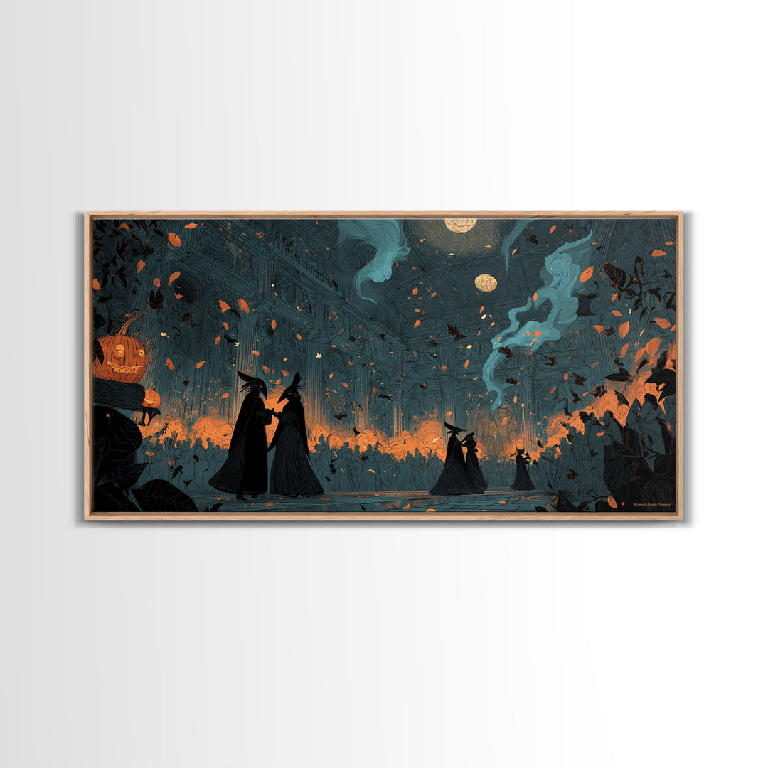 The Raven-Masked Ballroom - Procession Scene, Spooky Wall Decor, Wide Panoramic Art, Framed Canvas Print, Halloween Home Decor