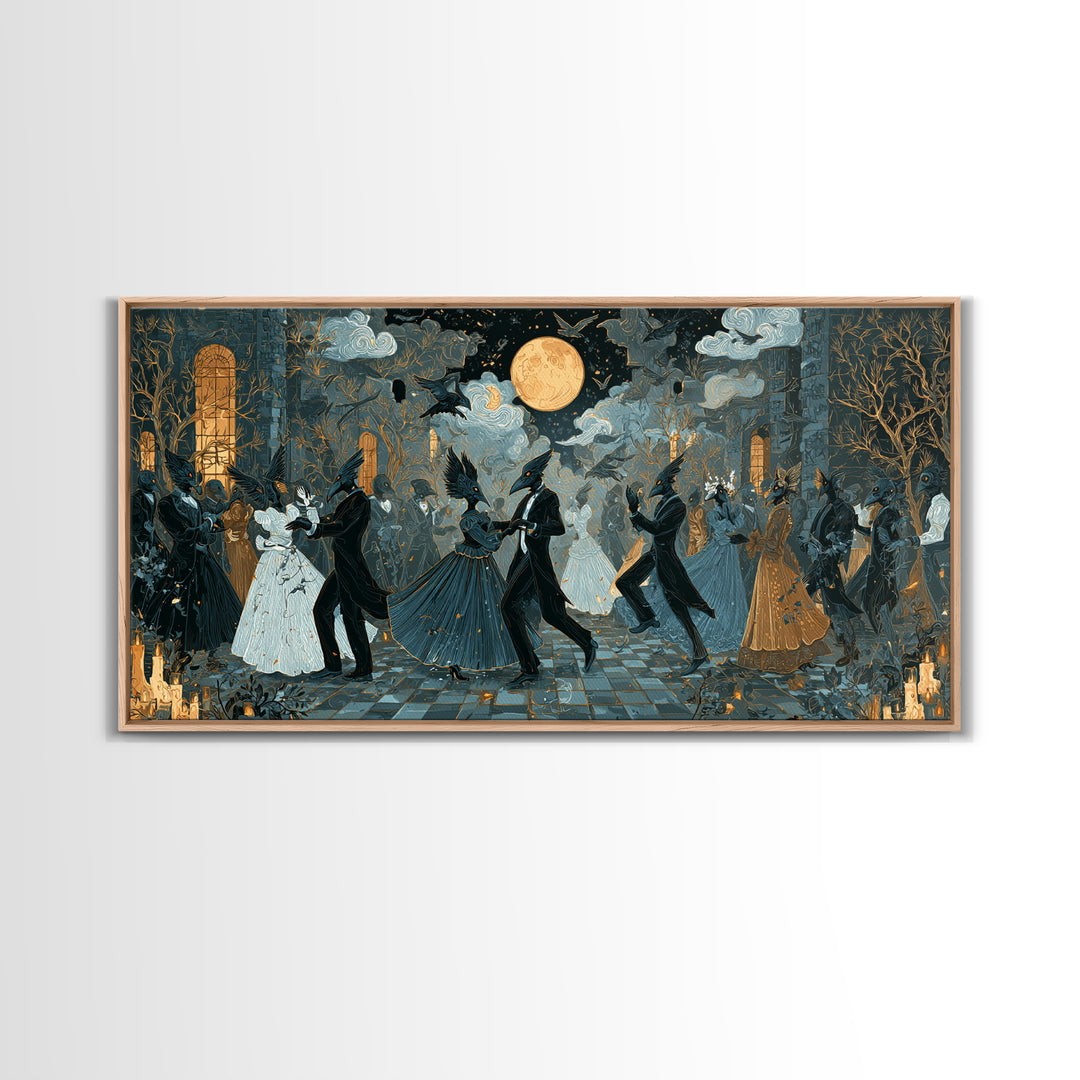 The Raven-Masked Ballroom - Surreal Celestial Vision, Occult Wall Decor, Wide Panoramic Art, Canvas Print, Halloween Home Decor