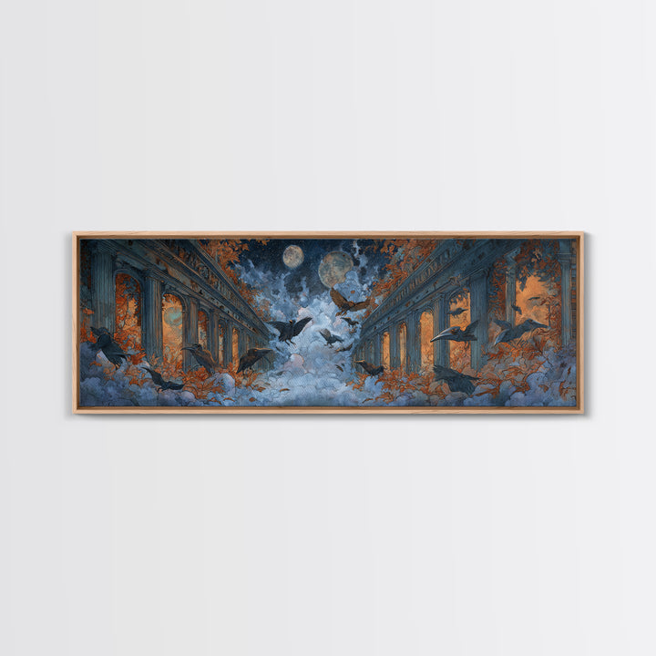 The Raven-Masked Ballroom - Surreal Celestial Vision, Dark Fantasy Wall Art, Extra Wide Wall Art, Canvas Print, Halloween Home Decor