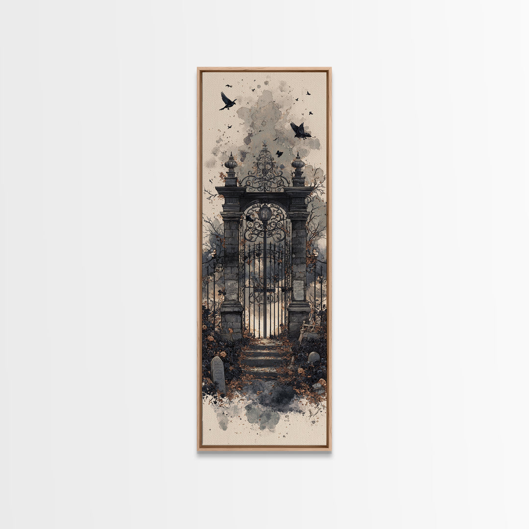 The Black Rose Cemetery Gate - Icon Portrait, Halloween Wall Art, Tall Narrow Wall Art, Framed Canvas Print, Halloween Home Decor
