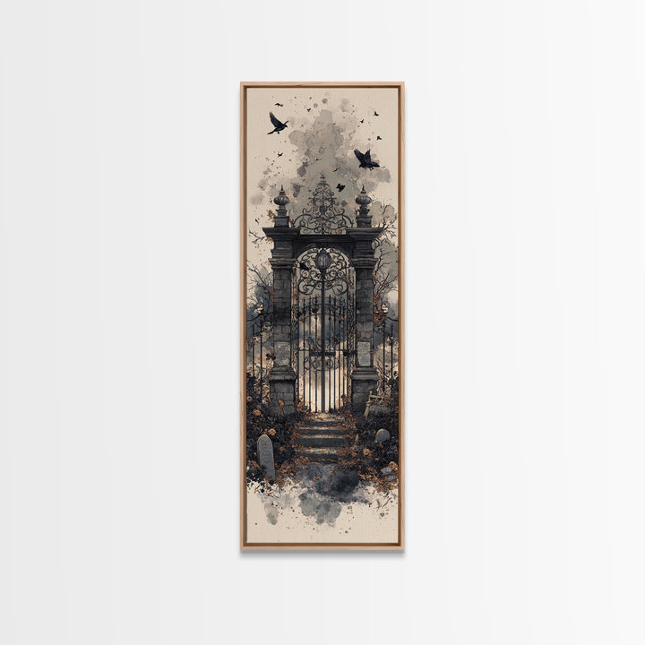 The Black Rose Cemetery Gate - Icon Portrait, Halloween Wall Art, Tall Narrow Wall Art, Framed Canvas Print, Halloween Home Decor