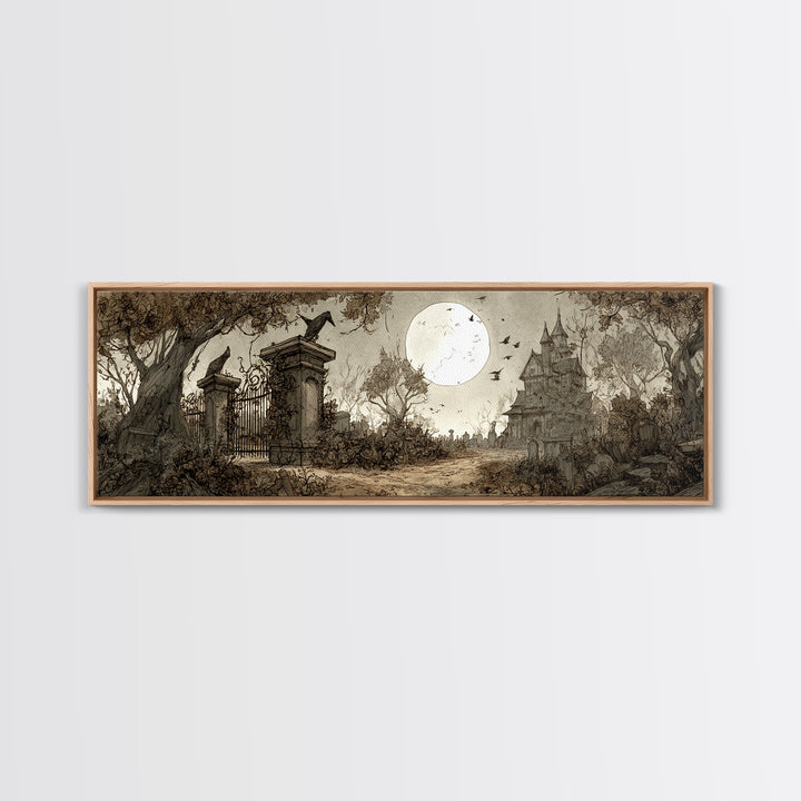 The Black Rose Cemetery Gate - Environmental Panorama, Macabre Halloween Art, Extra Wide Wall Art, Framed Canvas Print, Halloween Home Decor