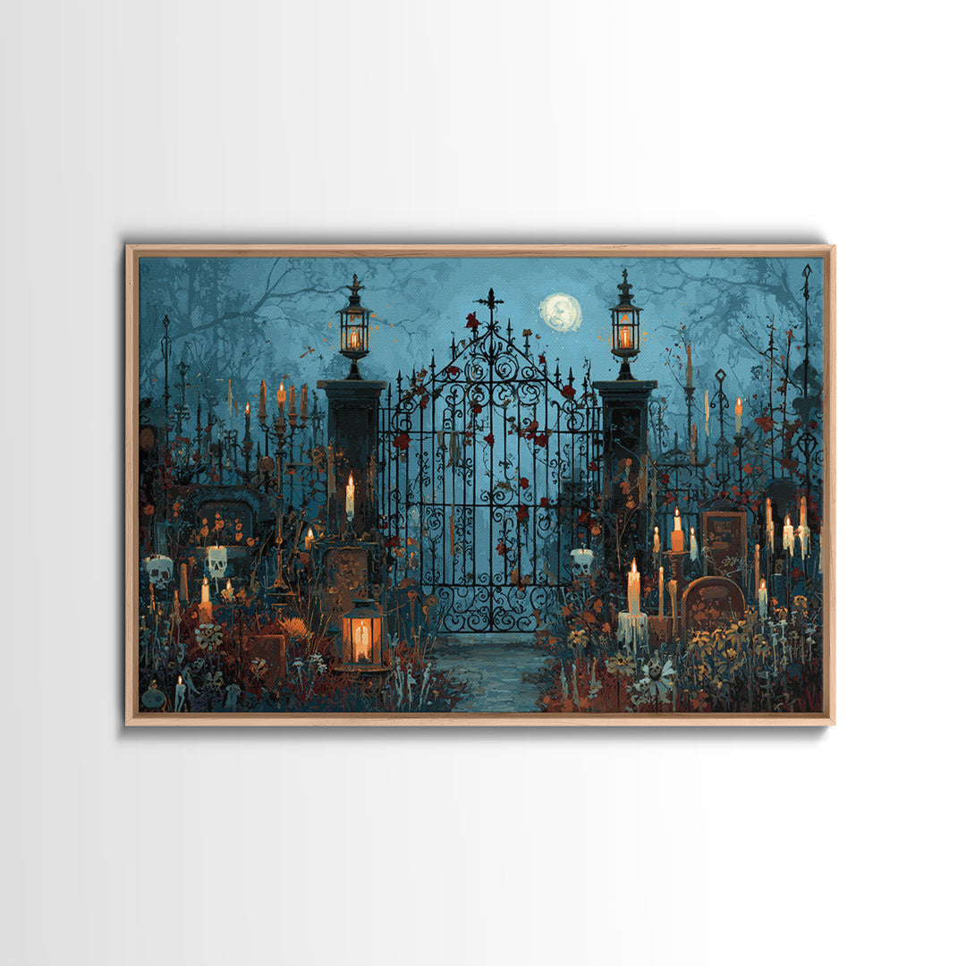 The Black Rose Cemetery Gate - Occult Still Life, Macabre Halloween Art, Landscape Wall Art, Framed Canvas Print, Halloween Home Decor
