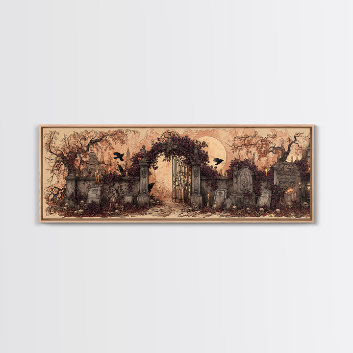 The Black Rose Cemetery Gate - Occult Still Life, Spooky Wall Decor, Extra Wide Wall Art, Framed Canvas Print, Halloween Home Decor
