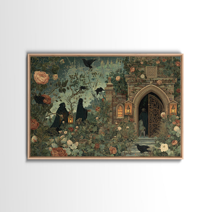 The Black Rose Cemetery Gate - Procession Scene, Macabre Halloween Art, Landscape Wall Art, Framed Canvas Print, Halloween Home Decor
