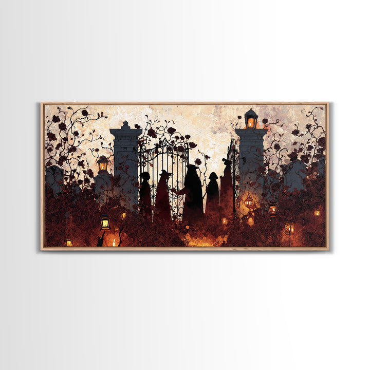 The Black Rose Cemetery Gate - Procession Scene, Spooky Wall Decor, Wide Panoramic Art, Framed Canvas Print, Halloween Home Decor