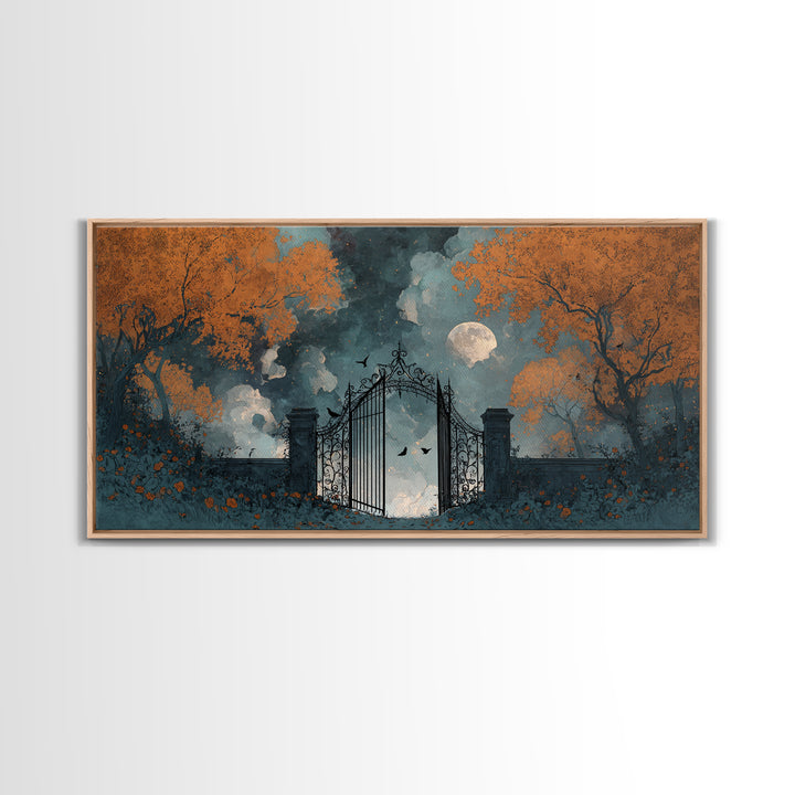 The Black Rose Cemetery Gate - Surreal Celestial Vision, Occult Wall Decor, Wide Panoramic Art, Canvas Print, Halloween Home Decor