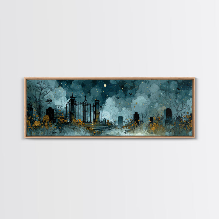 The Black Rose Cemetery Gate - Surreal Celestial Vision, Halloween Wall Art, Extra Wide Wall Art, Framed Canvas Print, Halloween Home Decor