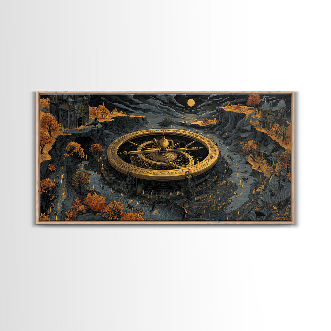 The Cursed Astrolabe - Environmental Panorama, Spooky Wall Decor, Wide Panoramic Art, Framed Canvas Print, Halloween Home Decor