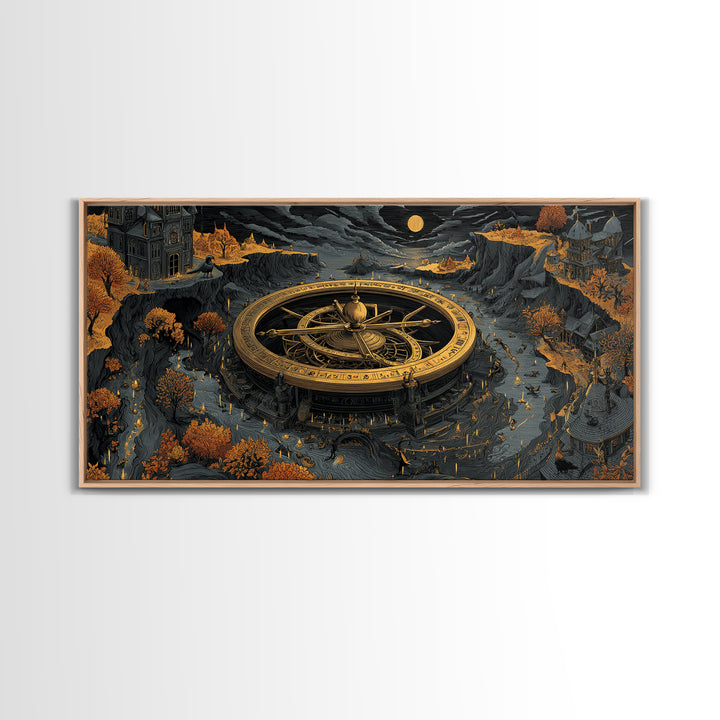 The Cursed Astrolabe - Environmental Panorama, Spooky Wall Decor, Wide Panoramic Art, Framed Canvas Print, Halloween Home Decor