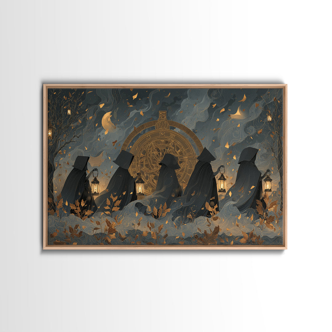 The Cursed Astrolabe - Procession Scene, Macabre Halloween Art, Landscape Wall Art, Framed Canvas Print, Halloween Home Decor