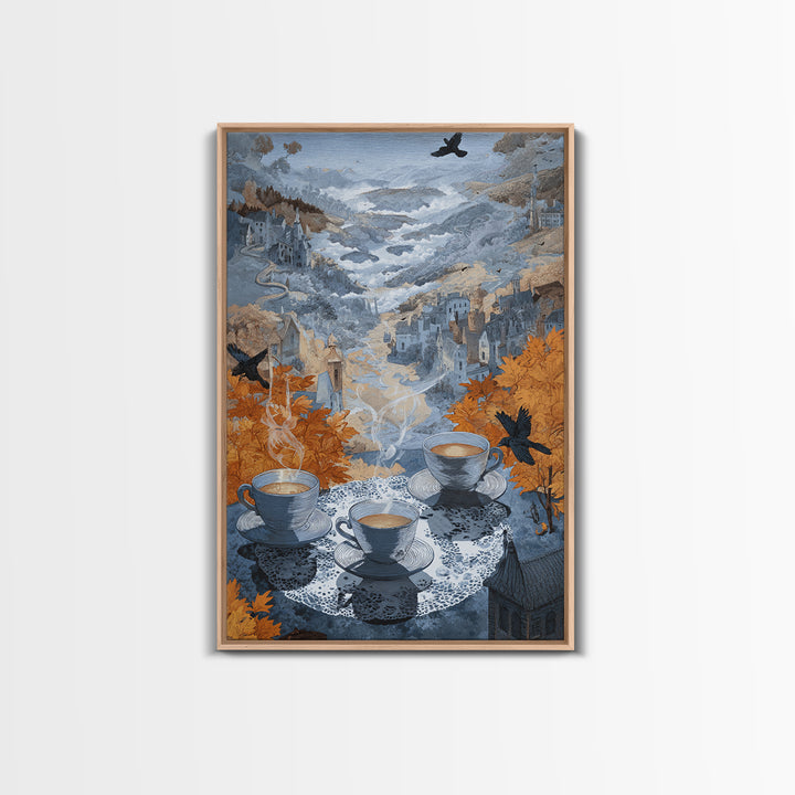 The Haunted Teacup Seance - Environmental Panorama, Spooky Wall Decor, Vertical Wall Art, Framed Canvas Print, Halloween Home Decor