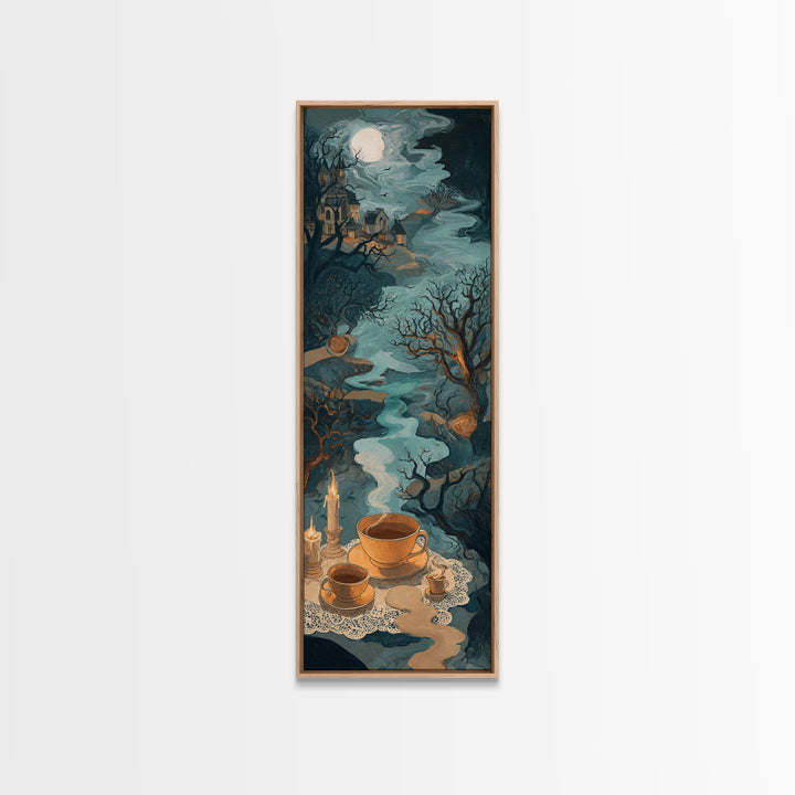The Haunted Teacup Seance - Environmental Panorama, Spooky Wall Decor, Tall Narrow Wall Art, Framed Canvas Print, Halloween Home Decor