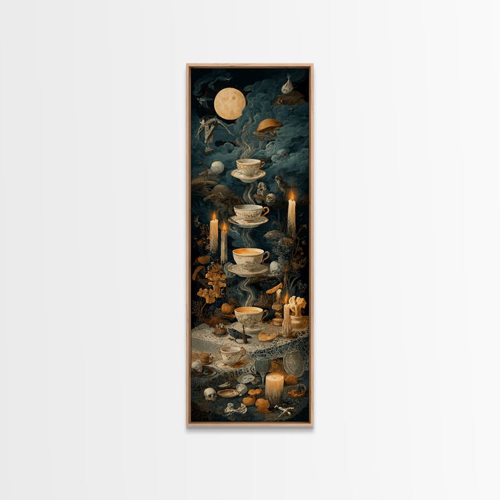 The Haunted Teacup Seance - Occult Still Life, Dark Fantasy Wall Art, Tall Narrow Wall Art, Canvas Print, Halloween Home Decor