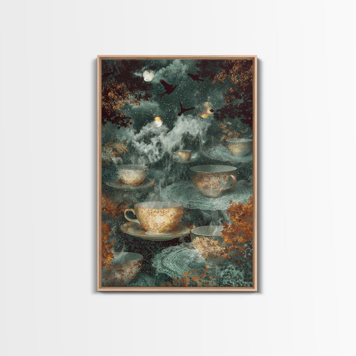 The Haunted Teacup Seance - Surreal Celestial Vision, Gothic Home Decor, Vertical Wall Art, Canvas Print, Halloween Home Decor