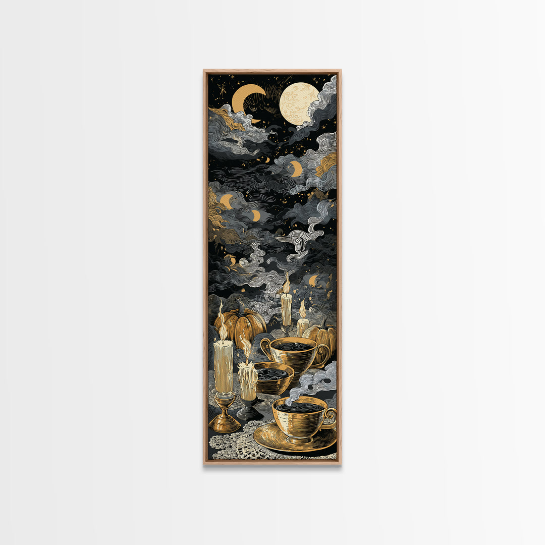 The Haunted Teacup Seance - Surreal Celestial Vision, Macabre Halloween Art, Tall Narrow Wall Art, Framed Canvas Print, Halloween Home Decor