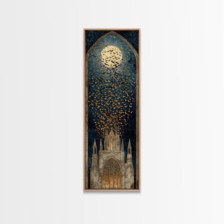 The Golden Bat Swarm - Icon Portrait, Macabre Halloween Art, Tall Narrow Wall Art, Framed Canvas Print, Halloween Home Decor