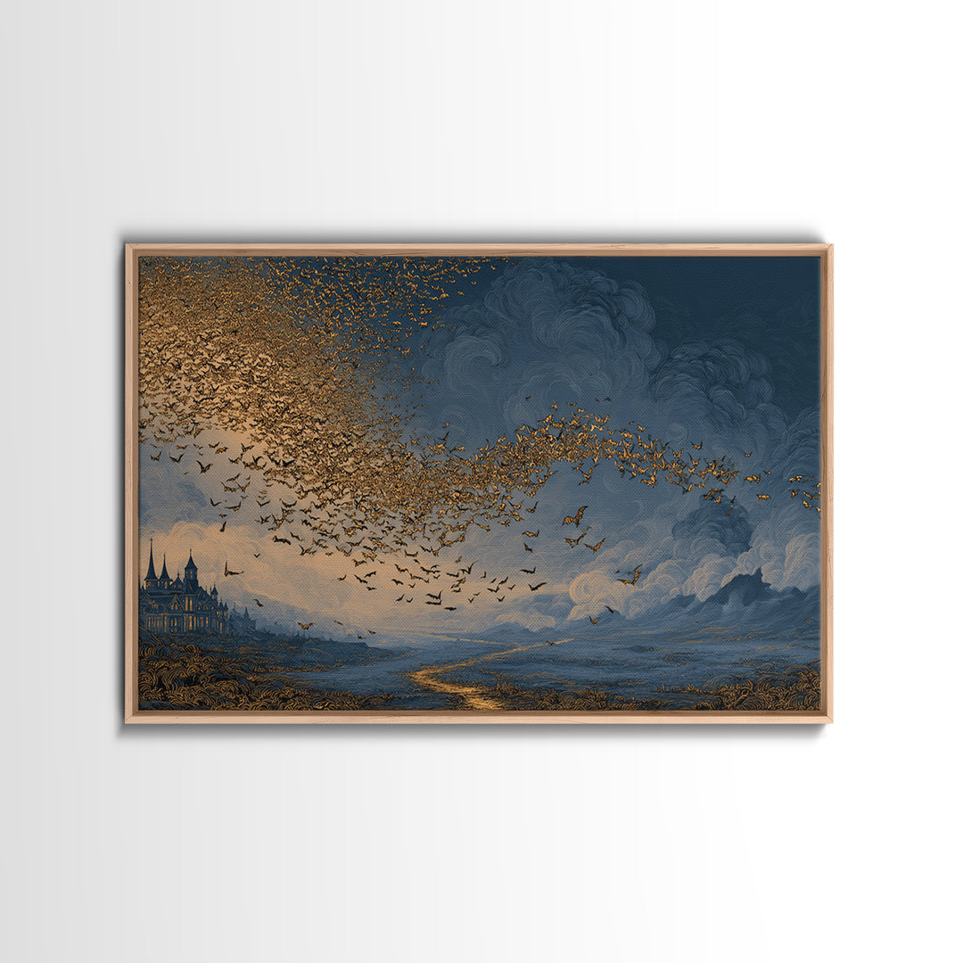 The Golden Bat Swarm - Environmental Panorama, Spooky Wall Decor, Landscape Wall Art, Framed Canvas Print, Halloween Home Decor