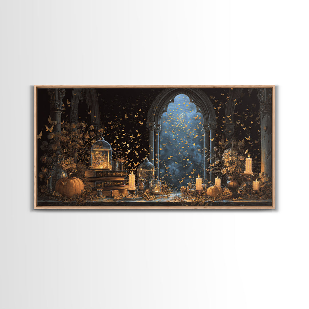 The Golden Bat Swarm - Occult Still Life, Gothic Home Decor, Wide Panoramic Art, Canvas Print, Halloween Home Decor, Gothic Wall Art