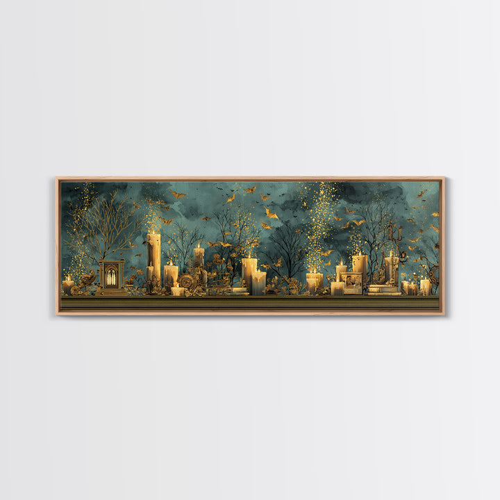 The Golden Bat Swarm - Occult Still Life, Macabre Halloween Art, Extra Wide Wall Art, Framed Canvas Print, Halloween Home Decor