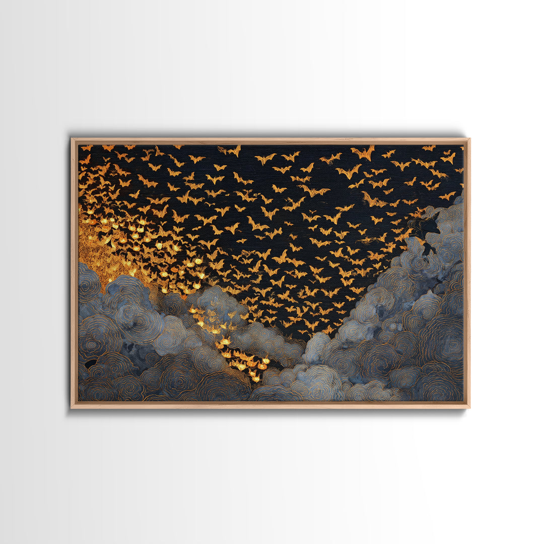 The Golden Bat Swarm - Procession Scene, Spooky Wall Decor, Landscape Wall Art, Framed Canvas Print, Halloween Home Decor, Gothic Wall Art