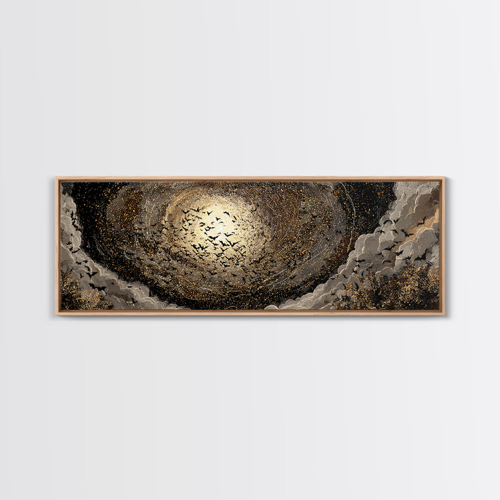 The Golden Bat Swarm - Surreal Celestial Vision, Gothic Home Decor, Extra Wide Wall Art, Canvas Print, Halloween Home Decor, Gothic Wall Art