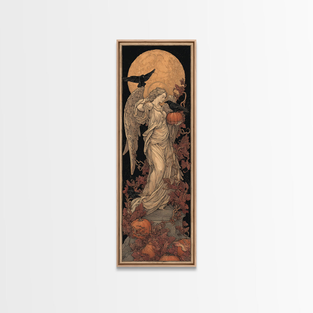 The Pumpkin-Winged Angel - Icon Portrait, Spooky Wall Decor, Tall Narrow Wall Art, Framed Canvas Print, Halloween Home Decor