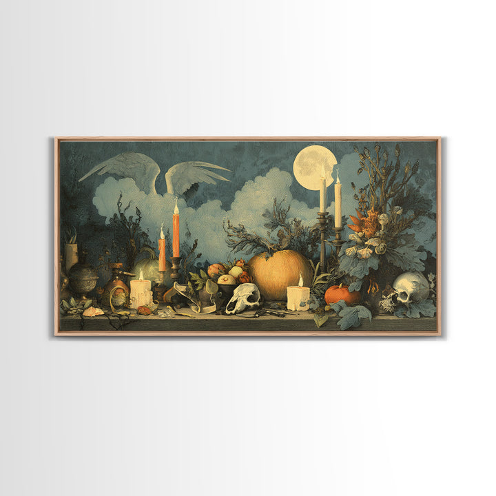 The Pumpkin-Winged Angel - Occult Still Life, Spooky Wall Decor, Wide Panoramic Art, Framed Canvas Print, Halloween Home Decor