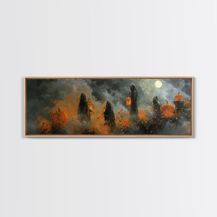 The Pumpkin-Winged Angel - Procession Scene, Macabre Halloween Art, Extra Wide Wall Art, Framed Canvas Print, Halloween Home Decor