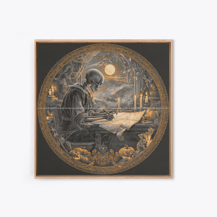 The Skeleton Cartographer - Icon Portrait, Macabre Halloween Art, Square Wall Art, Framed Canvas Print, Halloween Home Decor