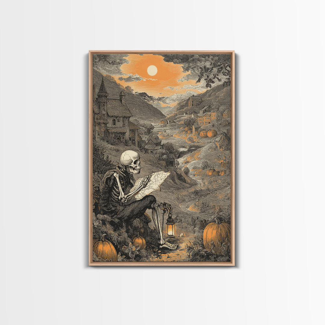 The Skeleton Cartographer - Environmental Panorama, Gothic Home Decor, Vertical Wall Art, Canvas Print, Halloween Home Decor