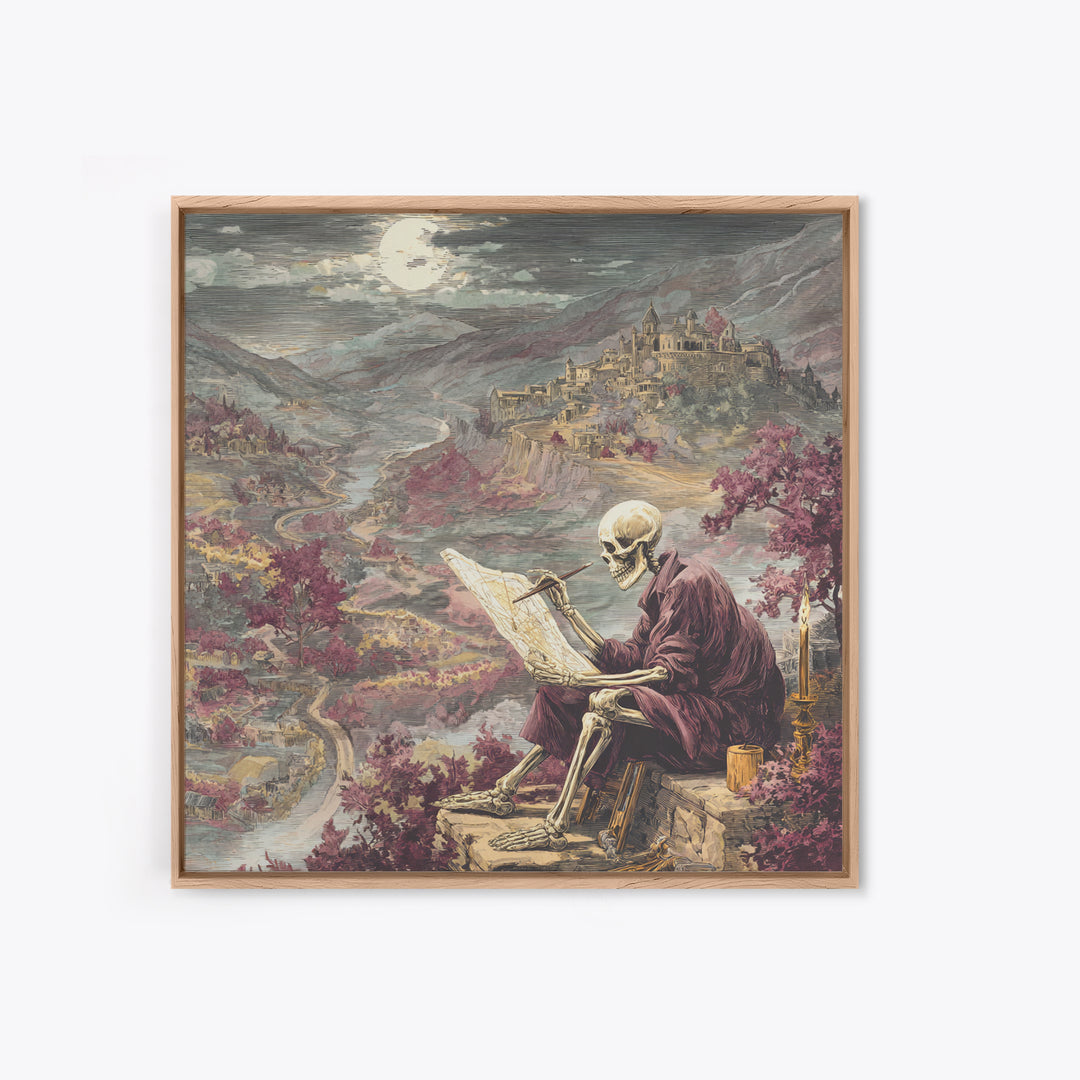 The Skeleton Cartographer - Environmental Panorama, Halloween Wall Art, Square Wall Art, Framed Canvas Print, Halloween Home Decor