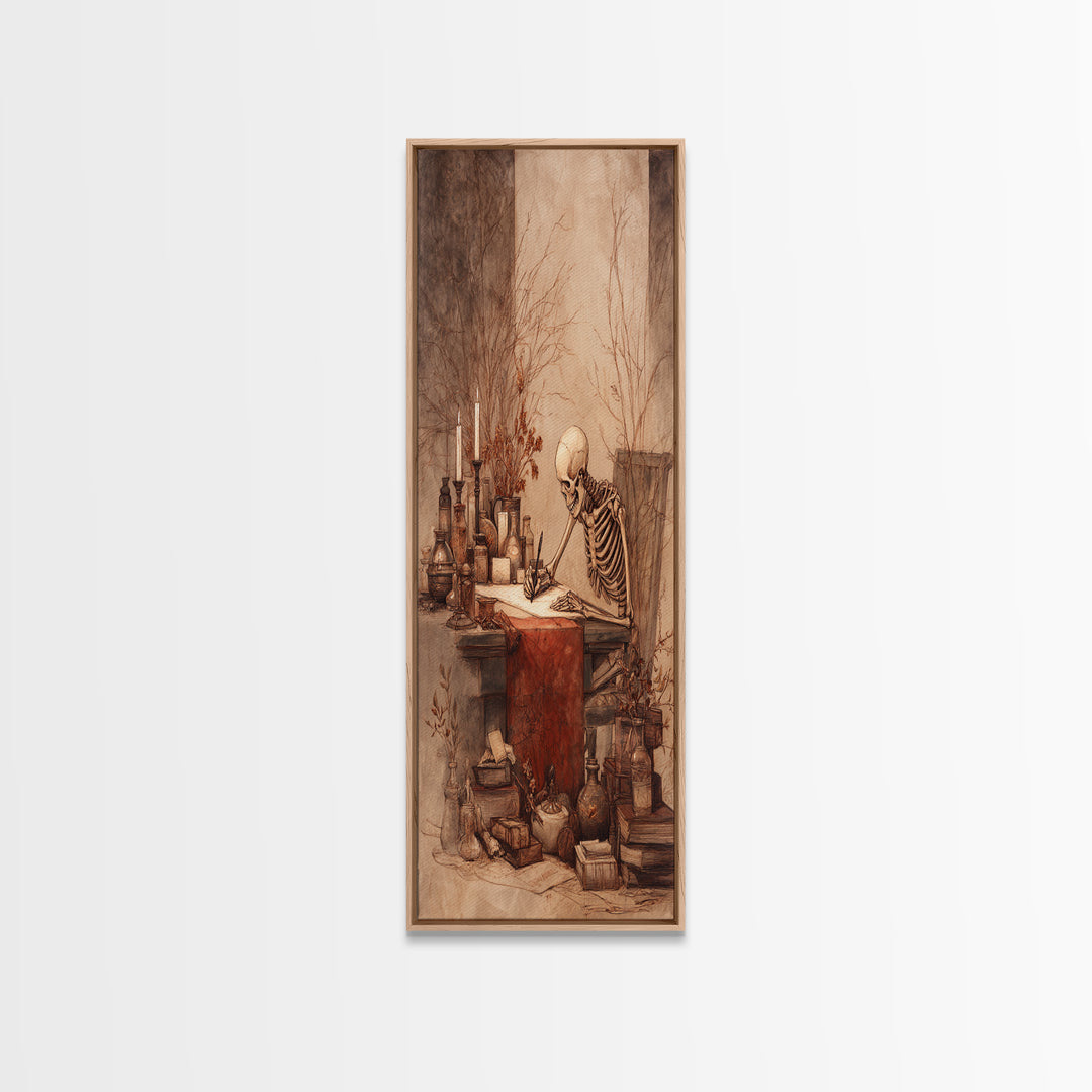 The Skeleton Cartographer - Occult Still Life, Macabre Halloween Art, Vertical Wall Art, Framed Canvas Print, Halloween Home Decor