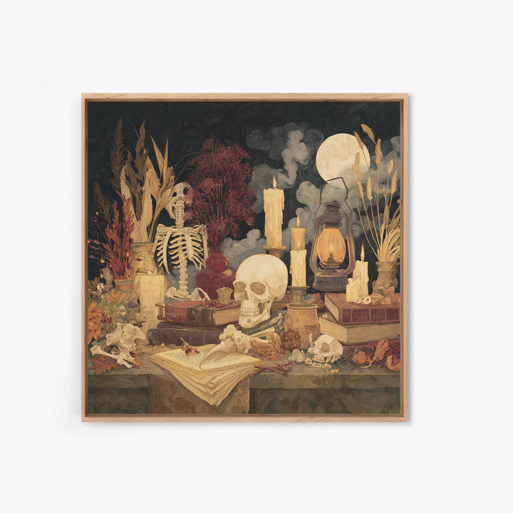 The Skeleton Cartographer - Occult Still Life, Macabre Halloween Art, Square Wall Art, Framed Canvas Print, Halloween Home Decor