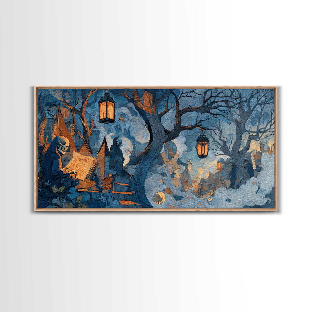 The Skeleton Cartographer - Procession Scene, Macabre Halloween Art, Wide Panoramic Art, Framed Canvas Print, Halloween Home Decor