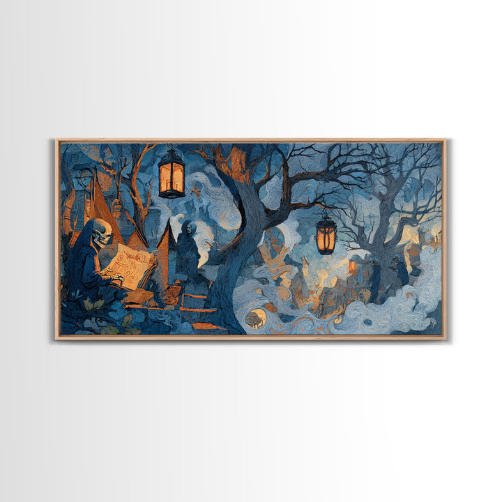 The Skeleton Cartographer - Procession Scene, Macabre Halloween Art, Wide Panoramic Art, Framed Canvas Print, Halloween Home Decor
