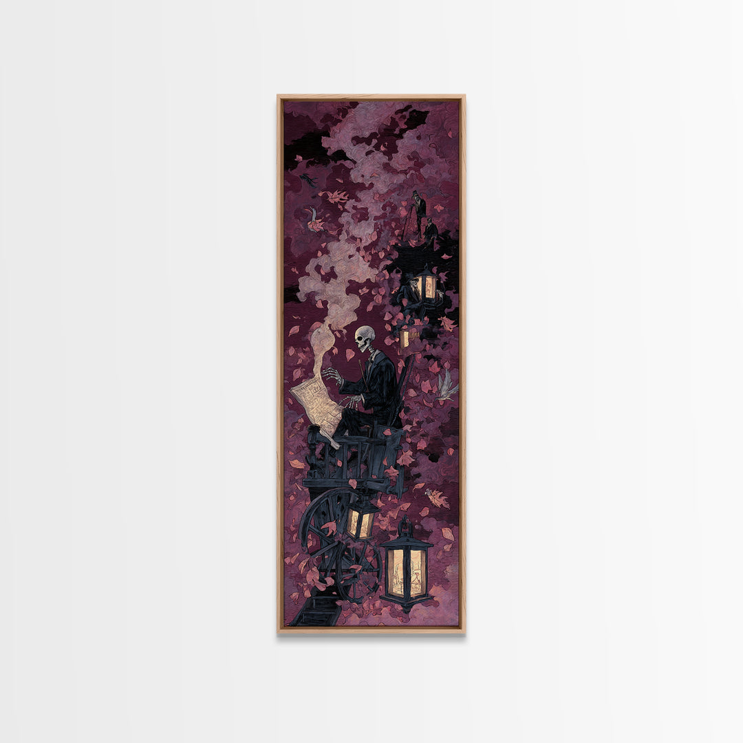 The Skeleton Cartographer - Procession Scene, Macabre Halloween Art, Tall Narrow Wall Art, Framed Canvas Print, Halloween Home Decor