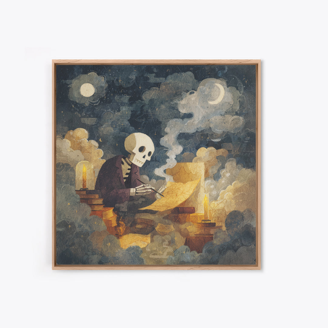 The Skeleton Cartographer - Surreal Celestial Vision, Macabre Halloween Art, Square Wall Art, Framed Canvas Print, Halloween Home Decor