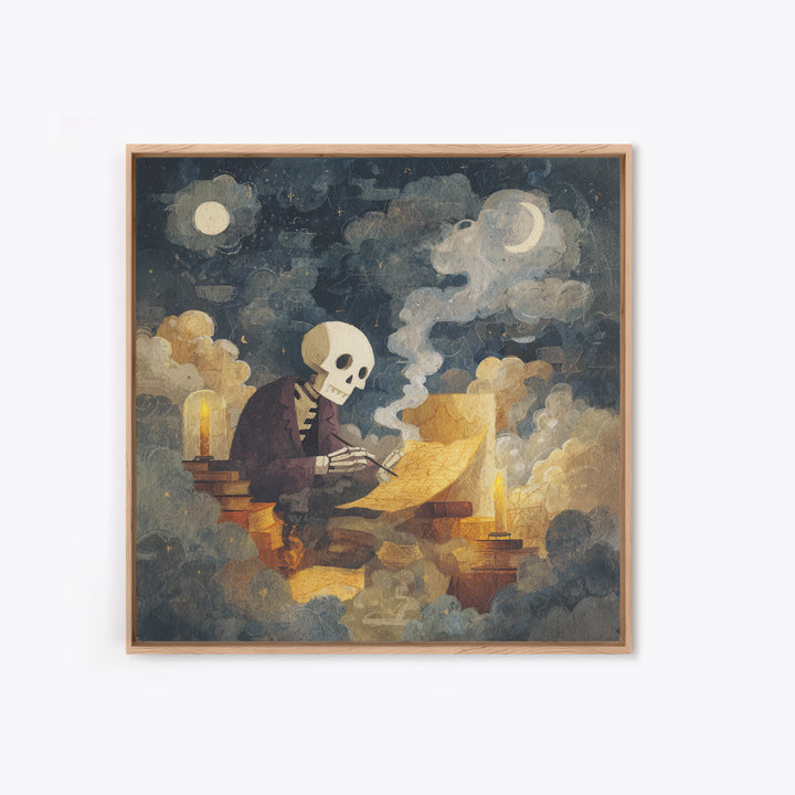 The Skeleton Cartographer - Surreal Celestial Vision, Macabre Halloween Art, Square Wall Art, Framed Canvas Print, Halloween Home Decor