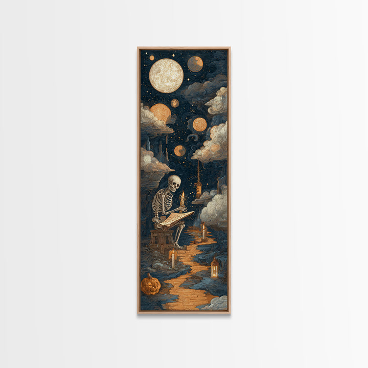 The Skeleton Cartographer - Surreal Celestial Vision, Halloween Wall Art, Tall Narrow Wall Art, Framed Canvas Print, Halloween Home Decor