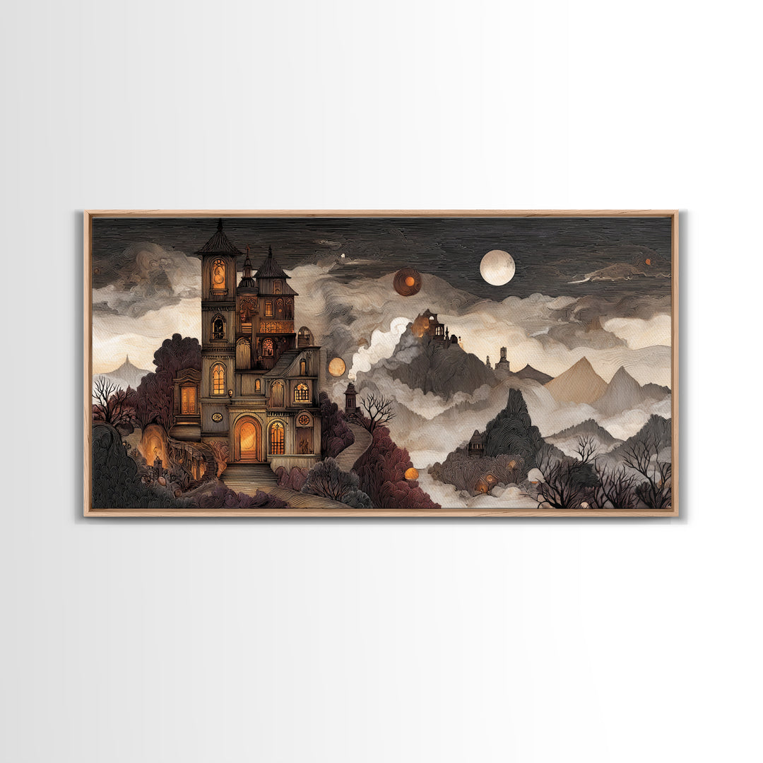 The Witch Astronomical Cabinet - Environmental Panorama, Halloween Wall Art, Wide Panoramic Art, Framed Canvas Print, Halloween Home Decor