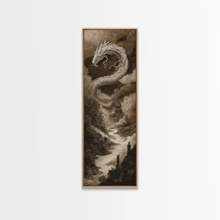 The Candle Smoke Dragon - Environmental Panorama, Macabre Halloween Art, Tall Narrow Wall Art, Framed Canvas Print, Halloween Home Decor