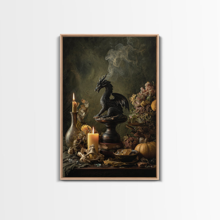 The Candle Smoke Dragon - Occult Still Life, Spooky Wall Decor, Vertical Wall Art, Framed Canvas Print, Halloween Home Decor