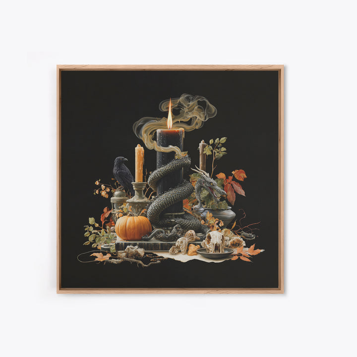The Candle Smoke Dragon - Occult Still Life, Spooky Wall Decor, Square Wall Art, Framed Canvas Print, Halloween Home Decor, Gothic Wall Art