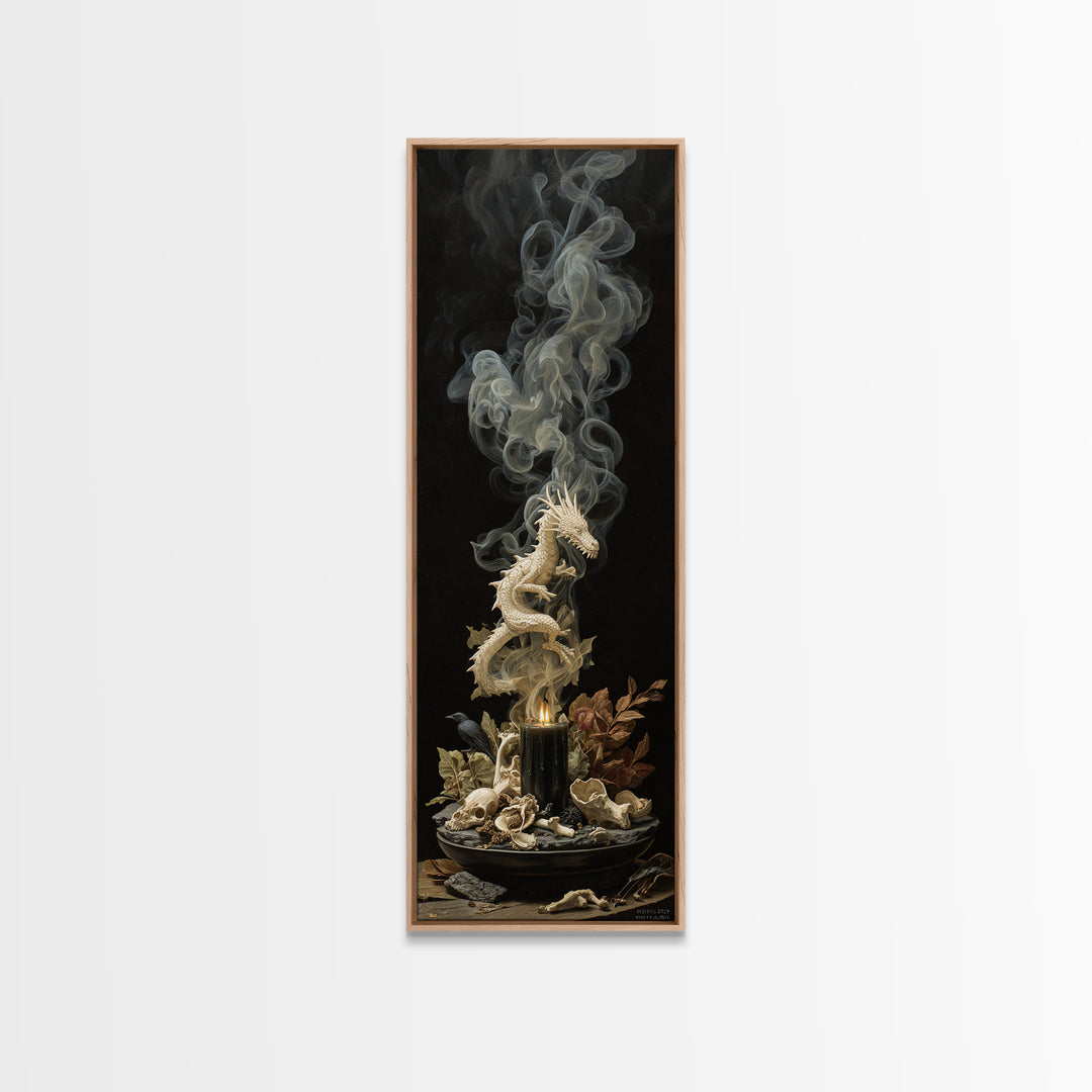 The Candle Smoke Dragon - Occult Still Life, Dark Fantasy Wall Art, Tall Narrow Wall Art, Canvas Print, Halloween Home Decor
