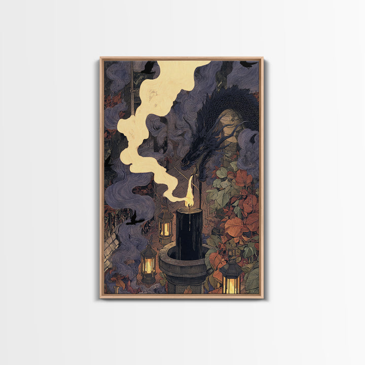 The Candle Smoke Dragon - Procession Scene, Occult Wall Decor, Vertical Wall Art, Canvas Print, Halloween Home Decor, Gothic Wall Art
